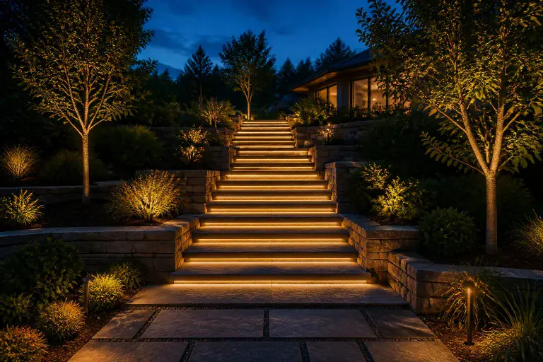 Escalier exterieur illumine au crepuscule