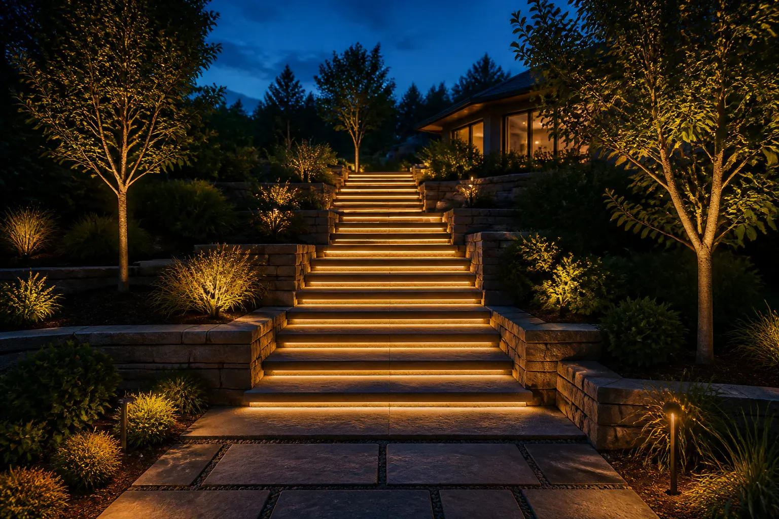 Escalier exterieur illumine au crepuscule