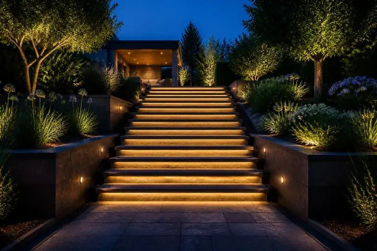 Escalier exterieur moderne illumine au crepuscule