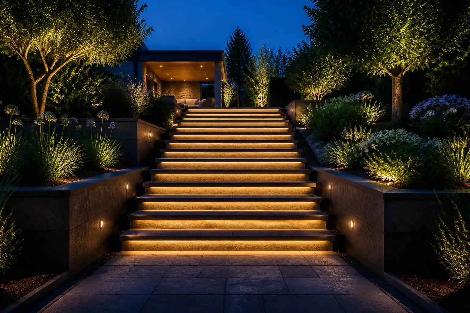 Escalier exterieur moderne illumine au crepuscule