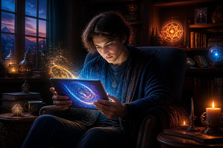 Jeune adulte decouvrant la magie sur tablette