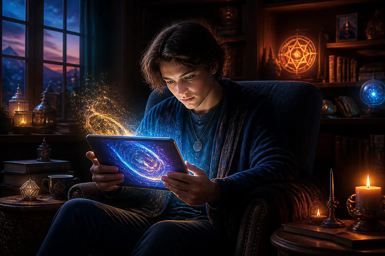 Jeune adulte decouvrant la magie sur tablette