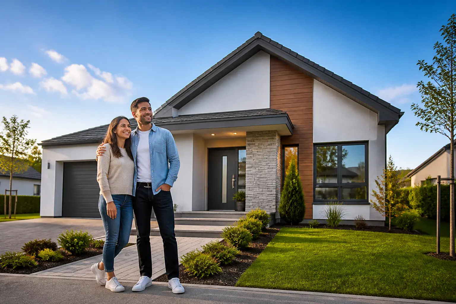 Couple souriant devant leur nouvelle maison