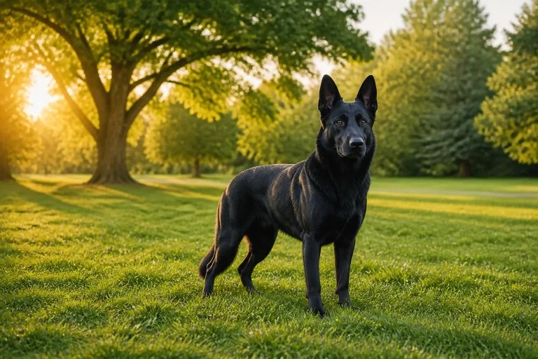 Berger allemand noir majestueux au soleil couchant