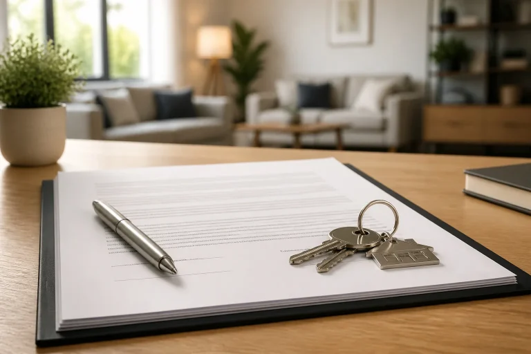 Contrat et cles sur un bureau en bois clair