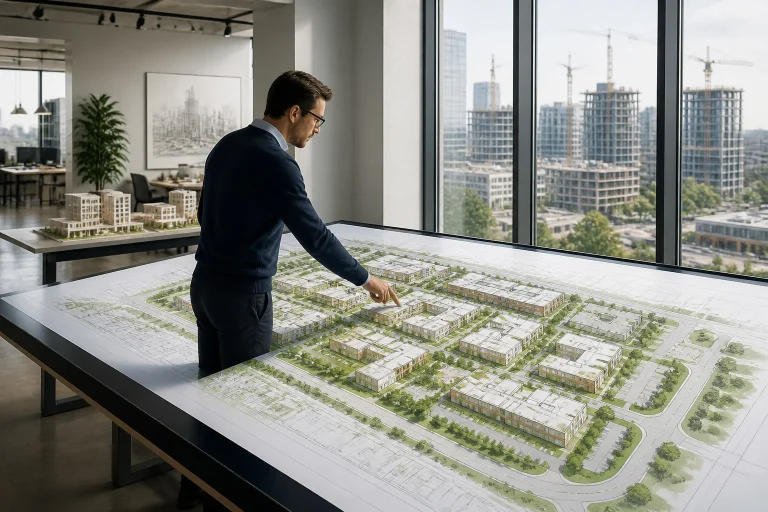 Architecte etudiant un plan de site