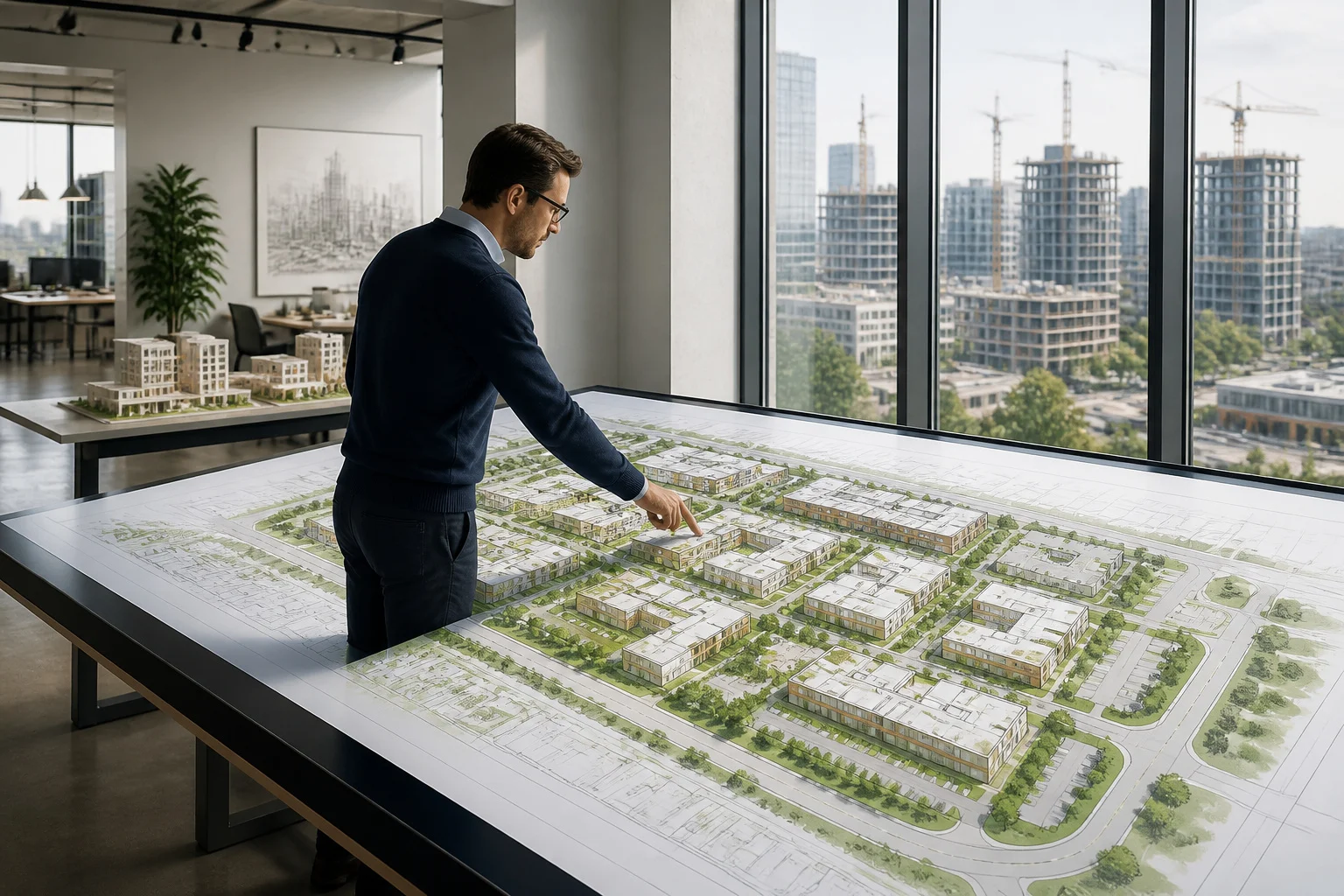Architecte etudiant un plan de site