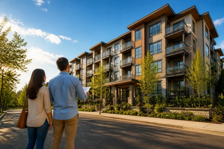 Nouveau depart un couple devant un immeuble moderne