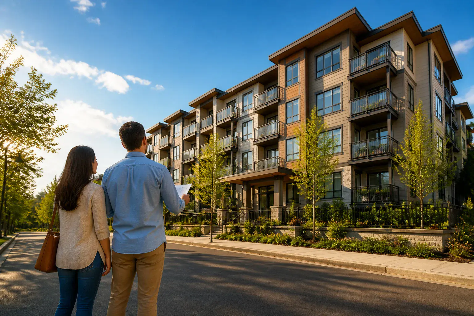 Nouveau depart un couple devant un immeuble moderne