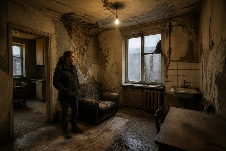 Logement delabre et une femme inquiete